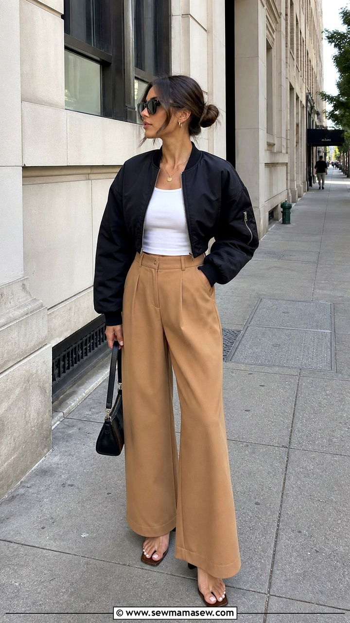 Cropped Bomber with High Waisted Wide Leg Pants - 30 How to style a bomber jacket