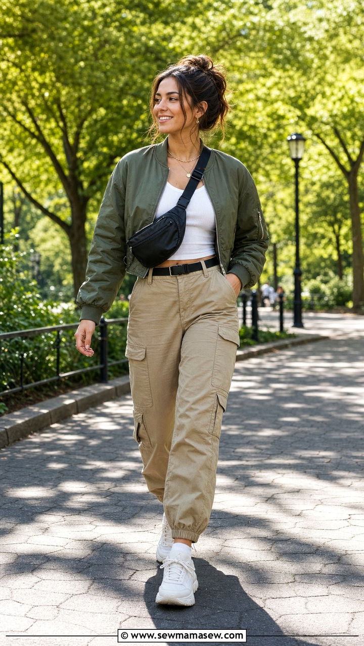 Cropped Bomber with Tank Top and Cargo Pants - 25 cute windy day outfits