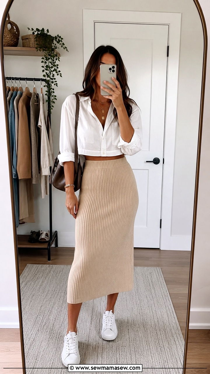 Cropped Button Down With Knit Midi Skirt - 30 Midi skirt outfit ideas with a button down