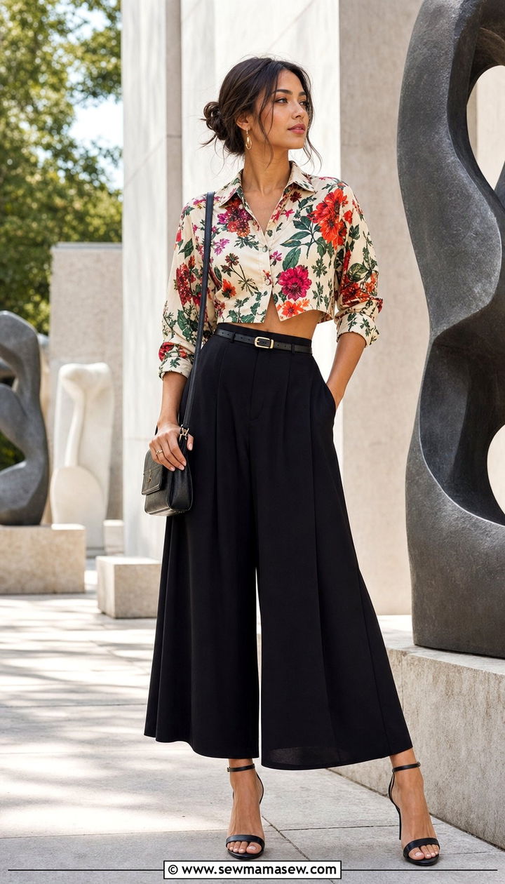 Cropped Button Down with High Waist Culottes - 25 summer button down shirt outfit ideas
