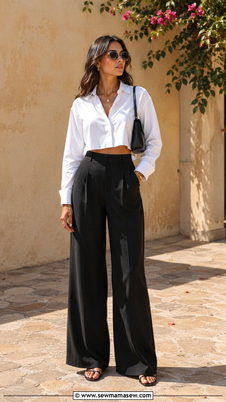 Cropped Button Down with Wide Leg Black Pants - 25 Wide leg black pants outfit ideas with a button down