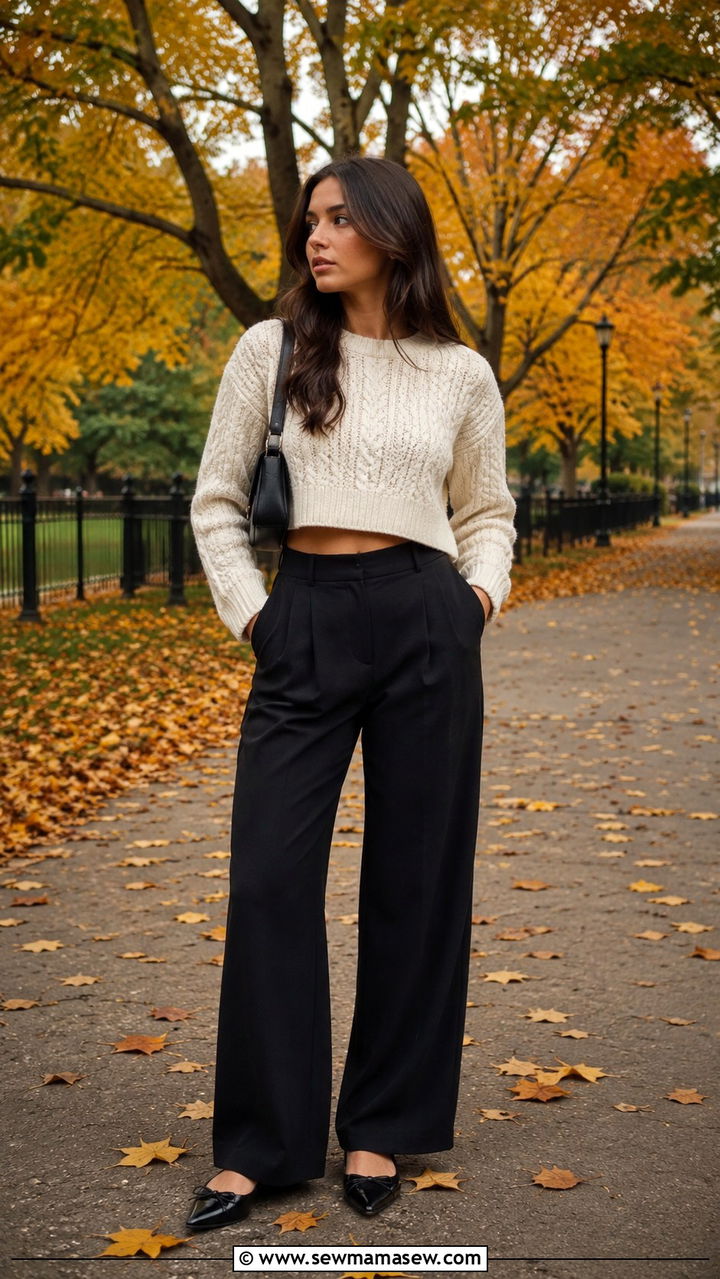 Cropped Cable Knit Sweater With Black Wide Leg Pants and Pointed Ballet Flats - 25 Wide leg black pants outfit ideas with a crop top