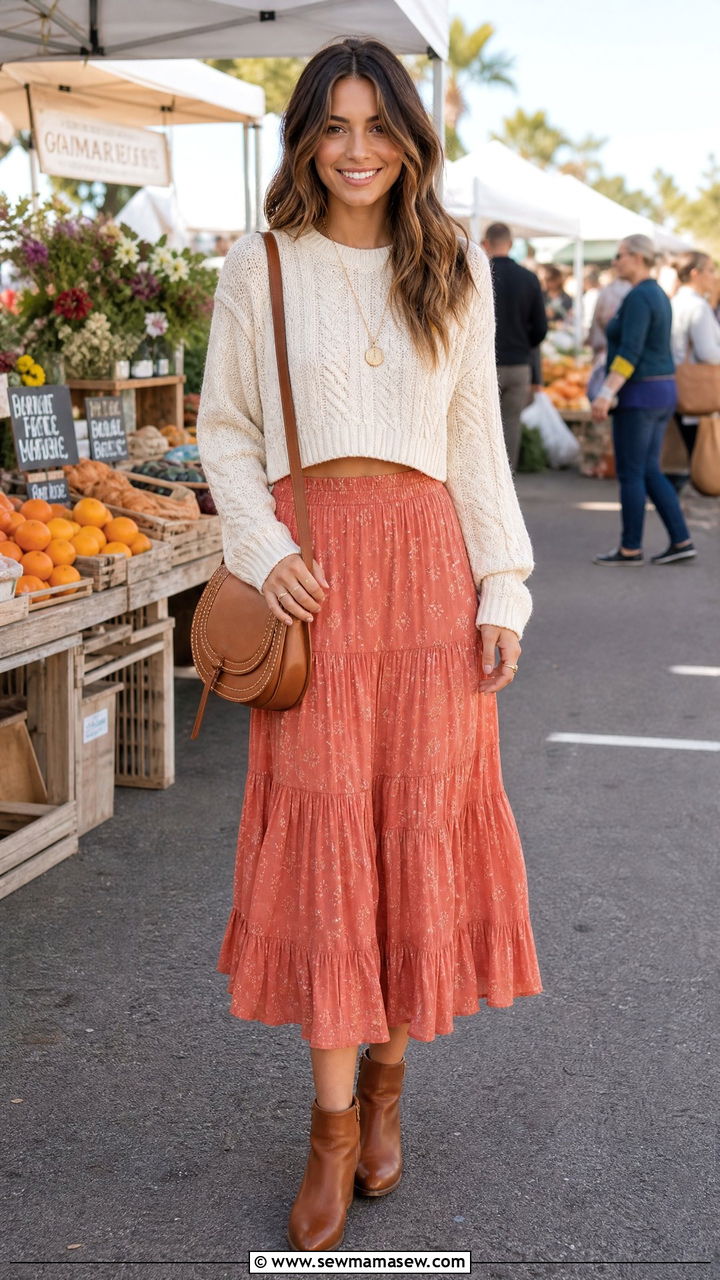 Cropped Cable Knit Sweater and Tiered Midi Skirt - 25 Chloé boho outfit ideas