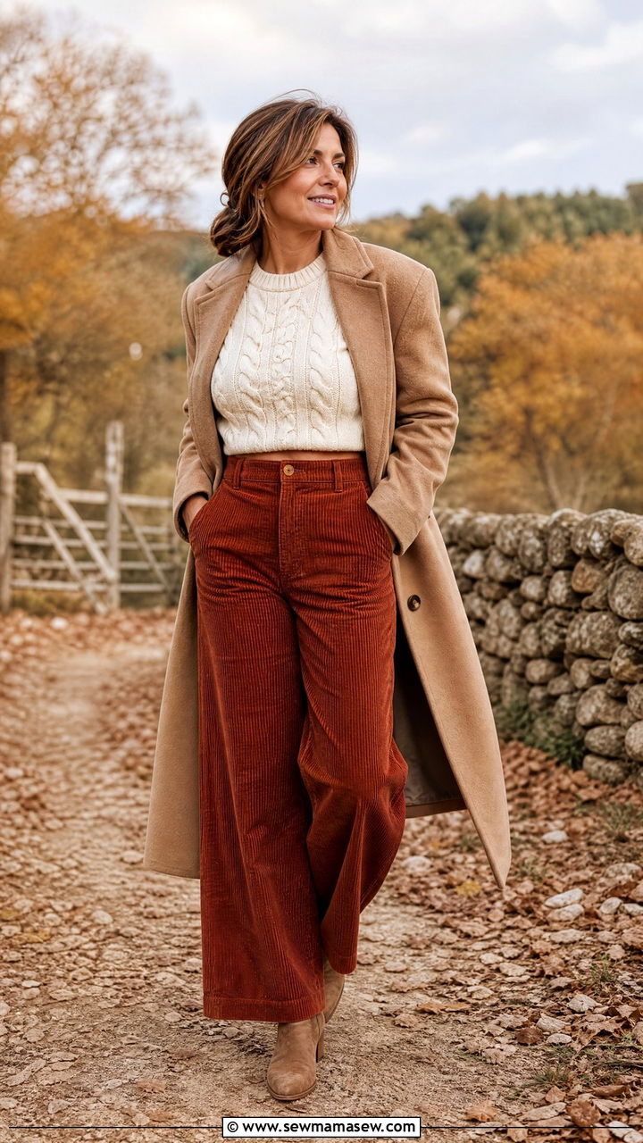 Cropped Cable Knit Sweater with Corduroy Pants - 25 crop top outfits for women over 40
