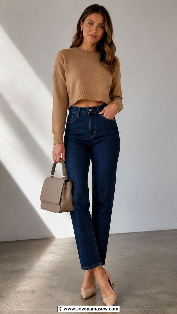 Cropped Camel Sweater With High Waist Jeans And Kitten Heels - 30 Quiet luxury outfit ideas with jeans