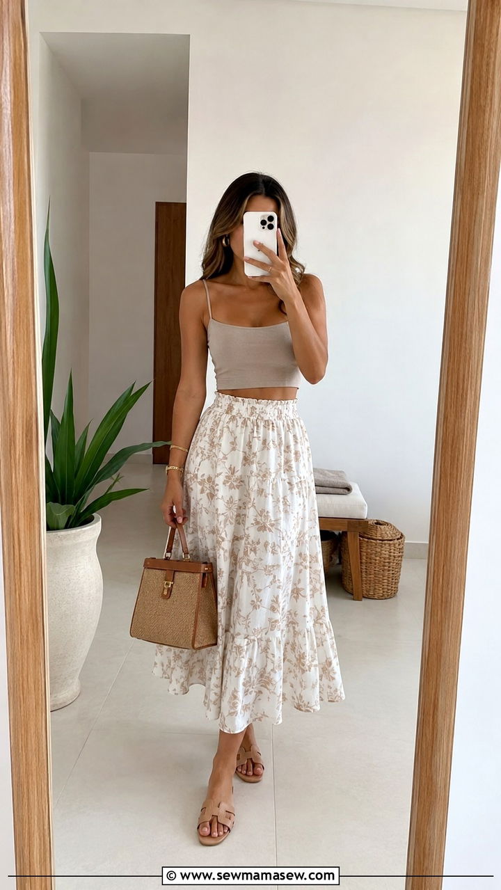 Cropped Cami with A Line Midi Skirt - 25 Vacation outfit ideas petite women