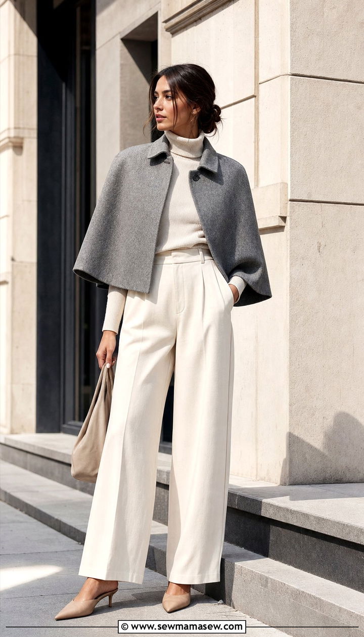 Cropped Cape With High Waist Pants - 35 Cape outfit ideas