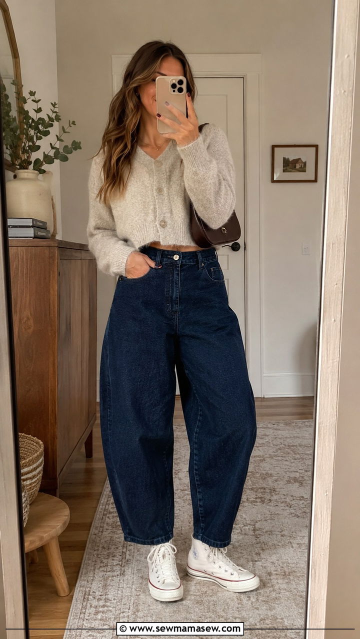 Cropped Cardigan And Barrel Jeans With White Sneakers - 25 Barrel jeans outfit ideas with white sneakers