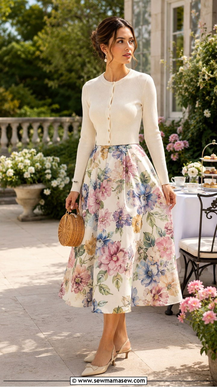 Cropped Cardigan And Full Midi Skirt Outfit - 25 Mid century outfit ideas