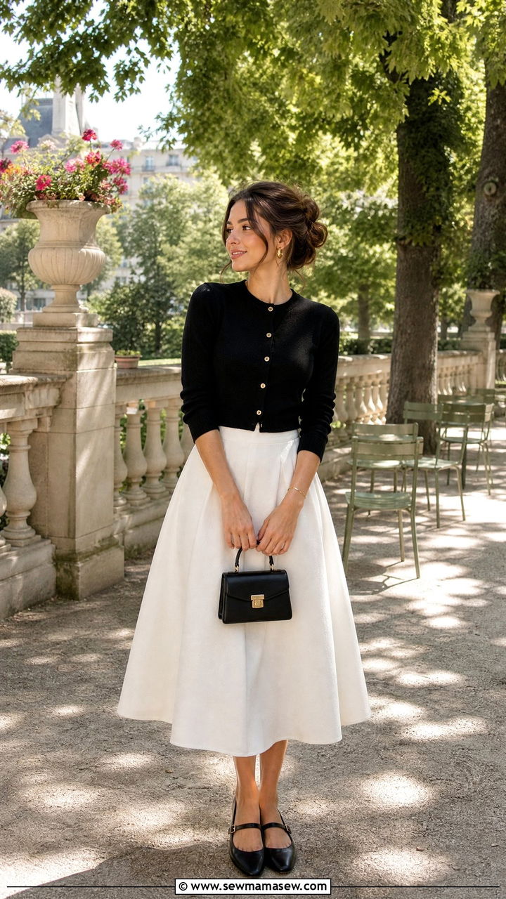 Cropped Cardigan And High Waisted A Line Skirt With Gold Hoops - 25 French girl outfit ideas with gold hoops