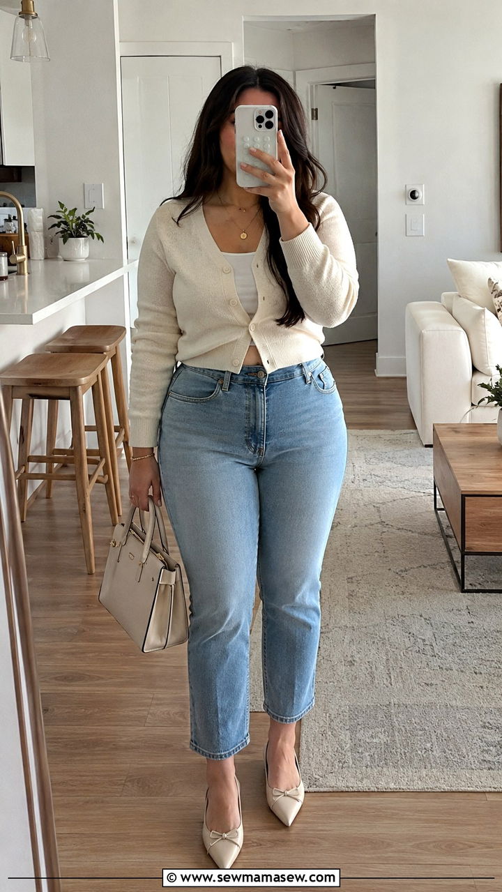Cropped Cardigan And High Waisted Cropped Jeans - 30 Minimalist outfits for curvy women