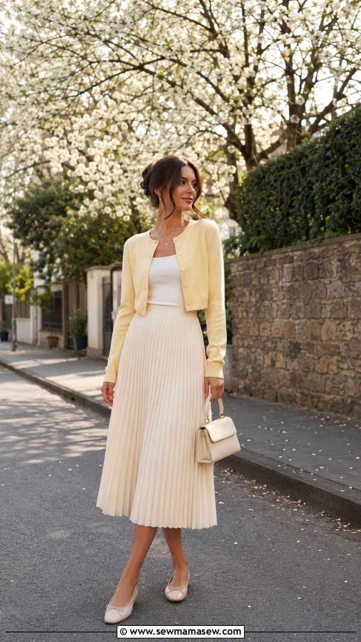 Cropped Cardigan And Pleated Midi Skirt Outfit - 30 Mid spring outfits