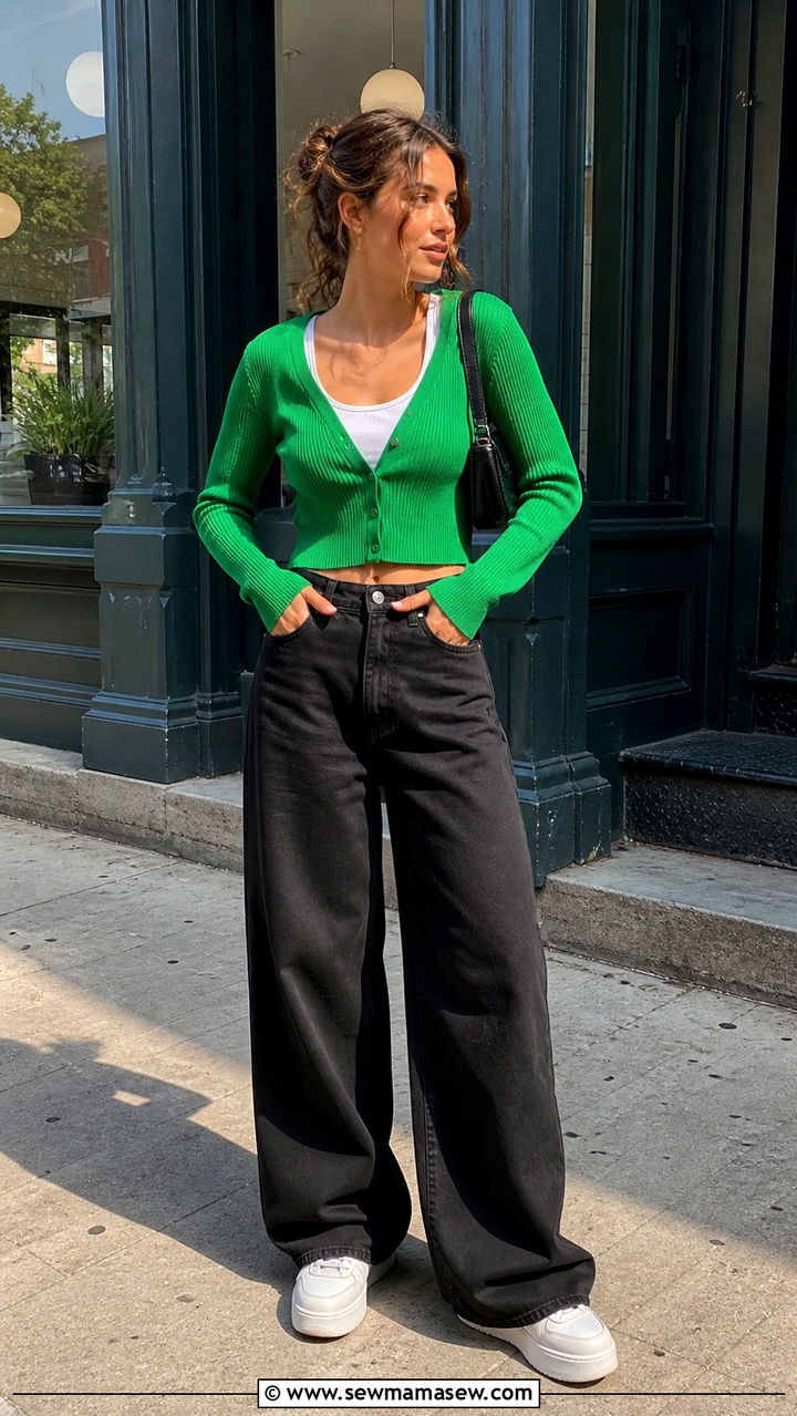 Cropped Cardigan Black Wide Leg Jeans White Sneakers - 40 Grunge outfit ideas