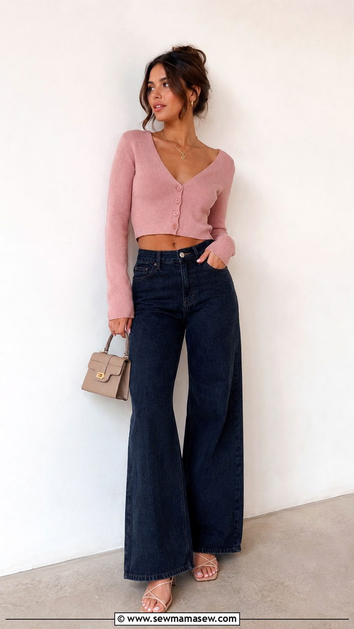 Cropped Cardigan Buttoned as a Top With Wide Leg Jeans - 30 casual 90s outfits