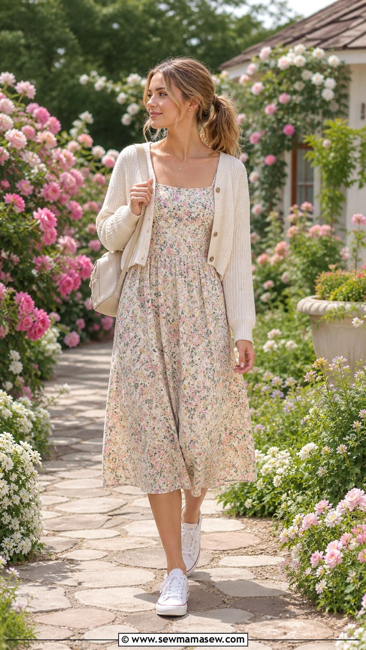 Cropped Cardigan Over A Floral Midi Dress - 40 back to school outfit ideas
