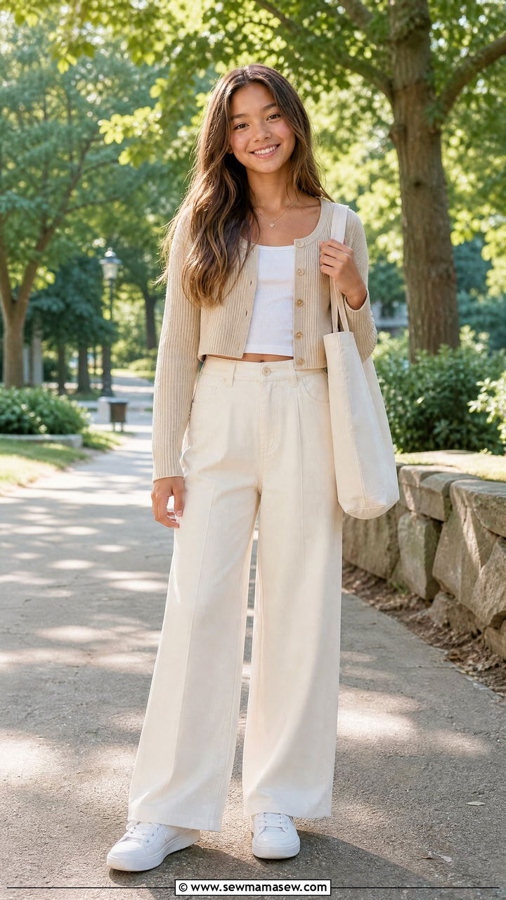 Cropped Cardigan Over Cami With Wide Leg Pants Outfit - 25 First day of middle school outfit ideas