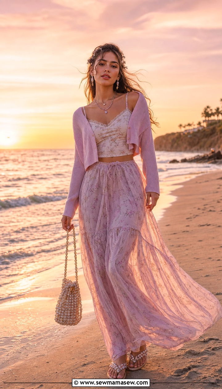 Cropped Cardigan Over Camisole And Flowy Maxi Skirt - 25 summer fairycore outfit ideas