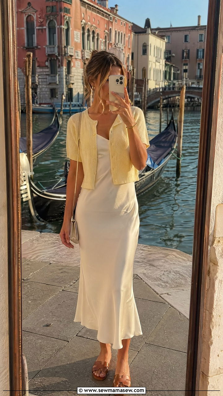Cropped Cardigan Over Slip Dress - 35 European summer outfits inspo