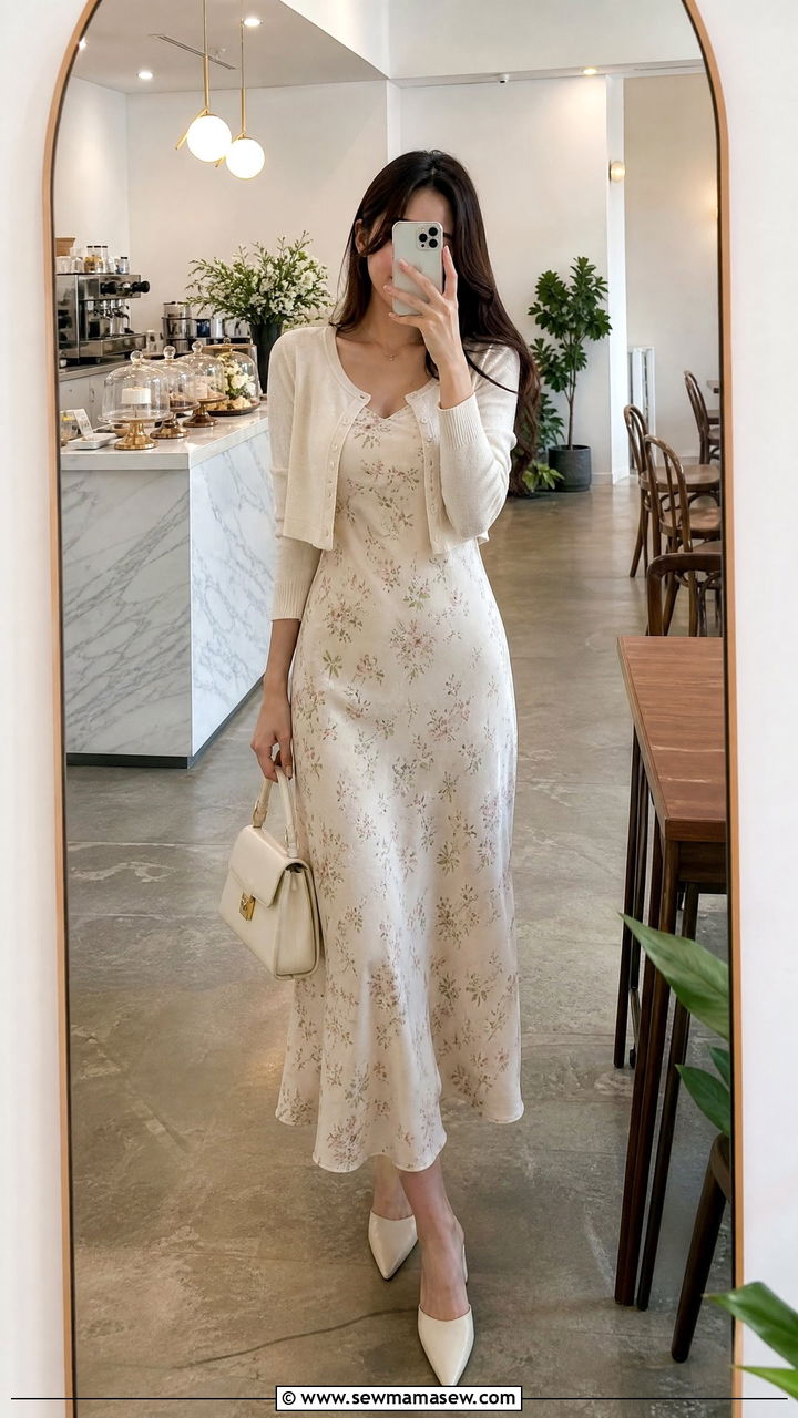 Cropped Cardigan Over Slip Dress - 25 French girl outfit ideas with Rouje dress
