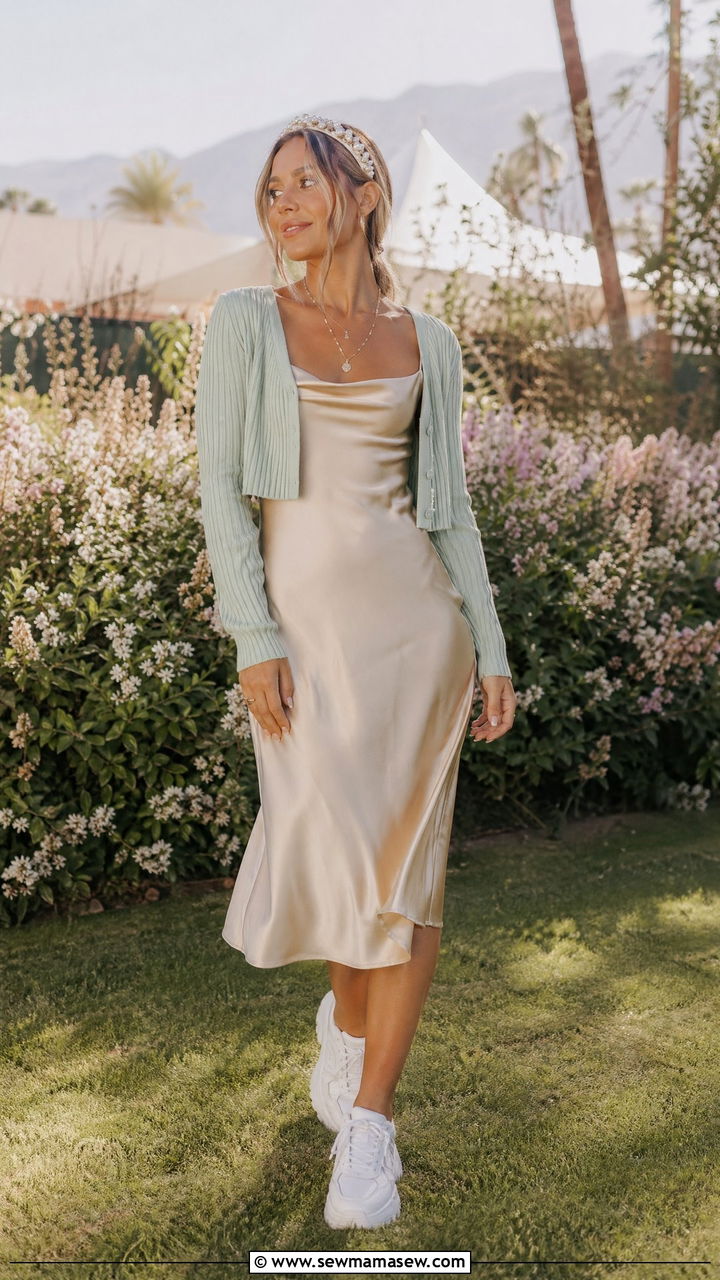 Cropped Cardigan Over a Slip Dress With Sneakers - 35 festival outfits aesthetic