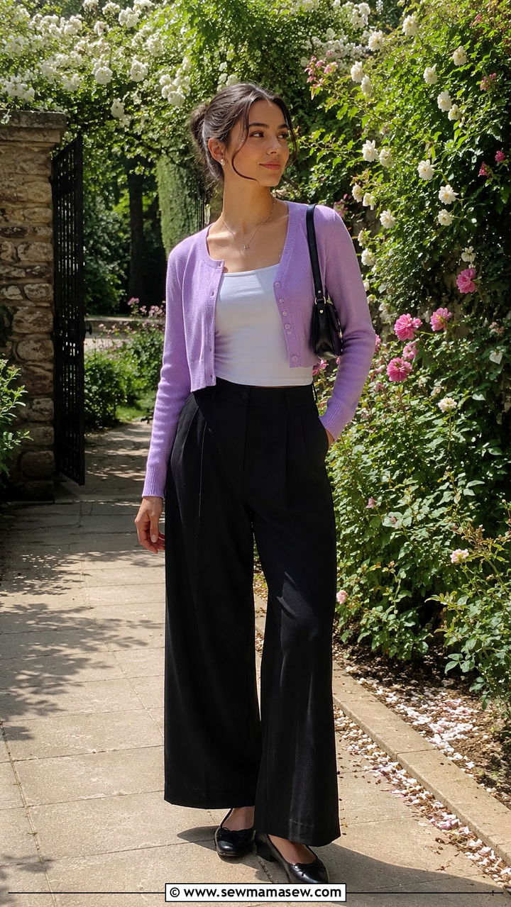 Cropped Cardigan Over a Tank With Black Wide Leg Pants and Ballet Flats - 25 Wide leg black pants outfit ideas with a crop top