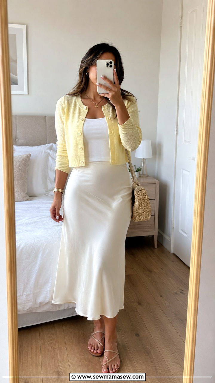 Cropped Cardigan With A Satin Slip Skirt - 25 Outfit ideas for pear shape summer