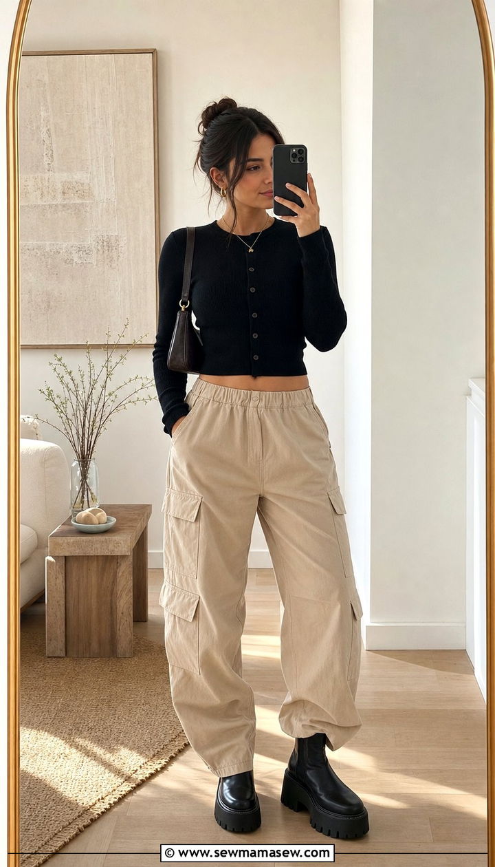 Cropped Cardigan With Baggy Cargo Pants And Platform Boots - 25 classy streetwear outfits