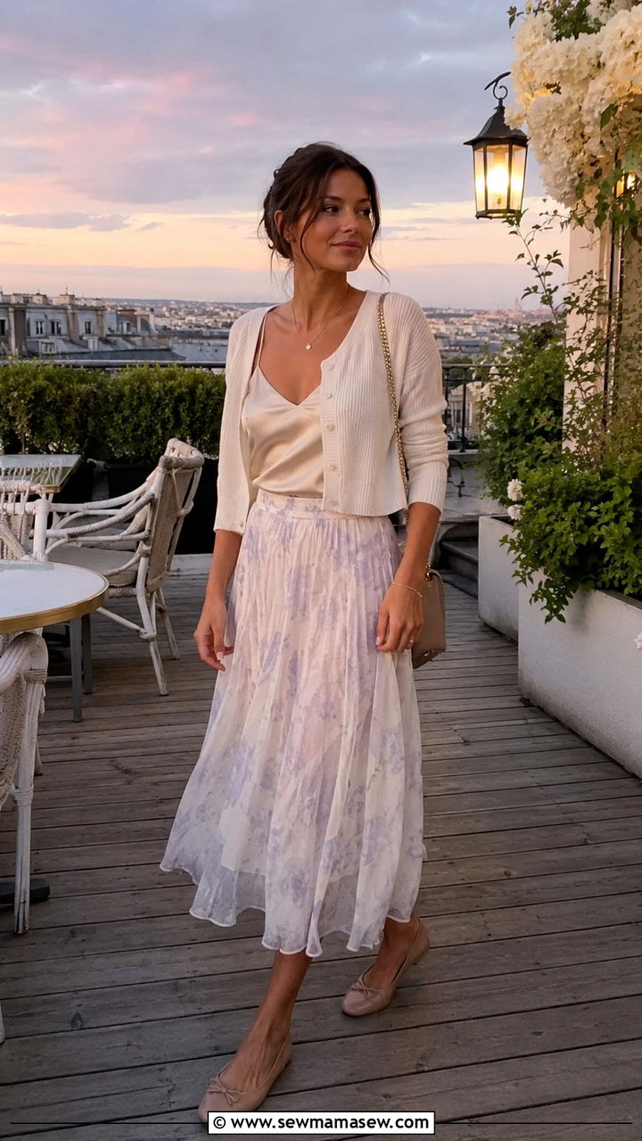 Cropped Cardigan With Camisole And Midi Skirt - 30 Parisian summer outfit ideas