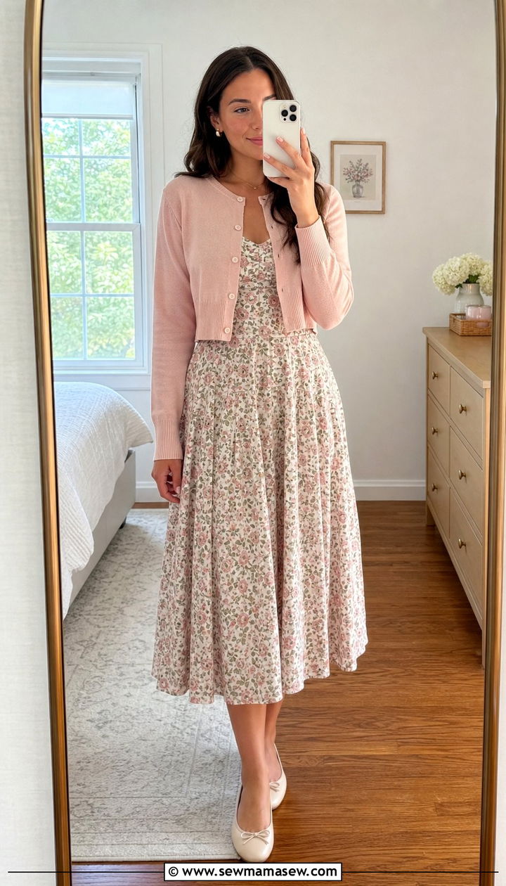 Cropped Cardigan With Floral Midi Dress and Ballet Flats - 25 spring easy outfit formulas