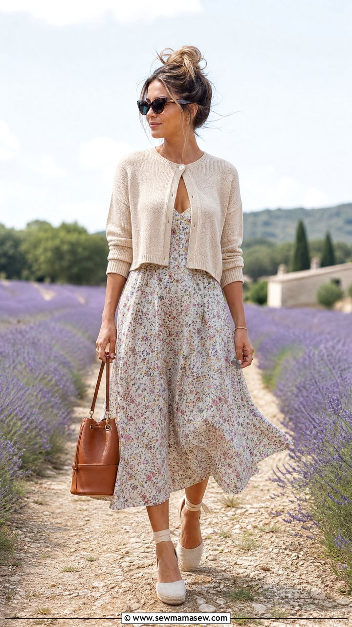 Cropped Cardigan With Floral Midi Dress and Espadrilles Messy Bun - 25 French girl outfit ideas with messy bun