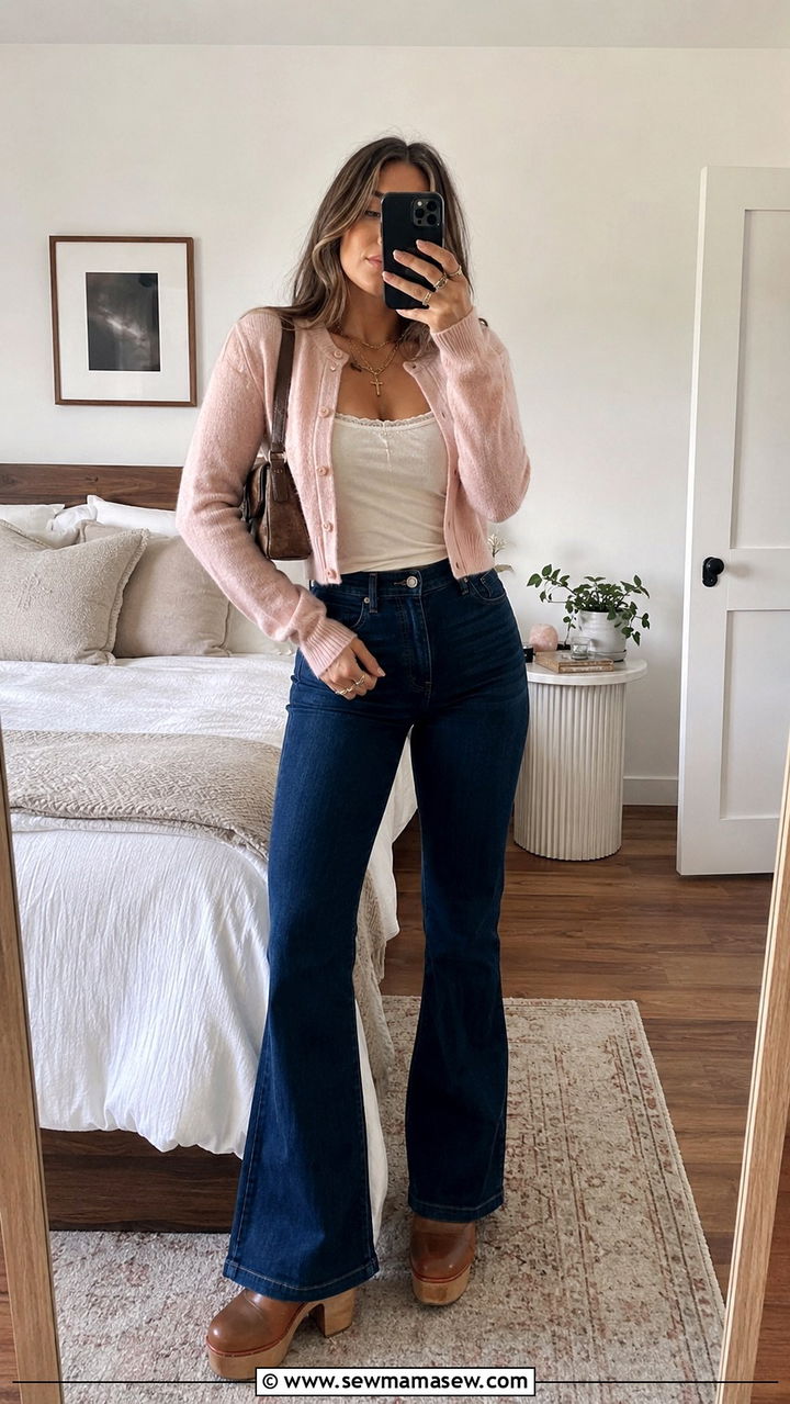 Cropped Cardigan With High Waist Flares Outfit - 25 70s outfit ideas 2026