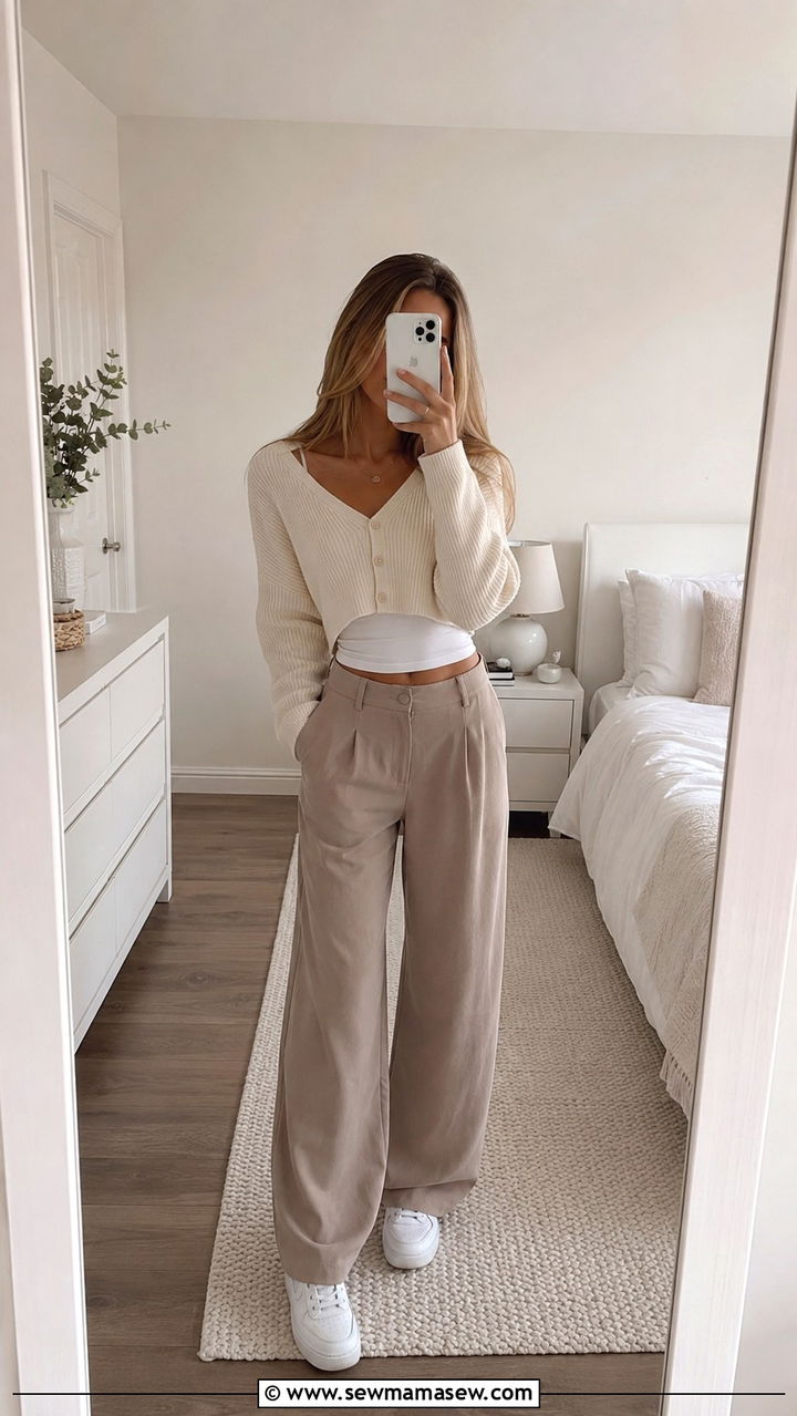 Cropped Cardigan With High Waist Pants - 25 Preppy outfit ideas for teens