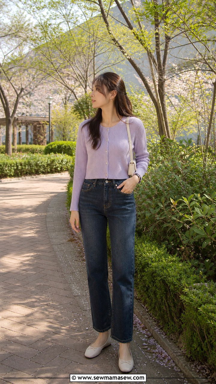 Cropped Cardigan With High Waist Straight Jeans and Ballet Flats - 40 Korean outfit ideas