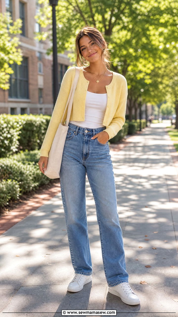 Cropped Cardigan With High Waist Straight Jeans - 30 College senior outfit ideas