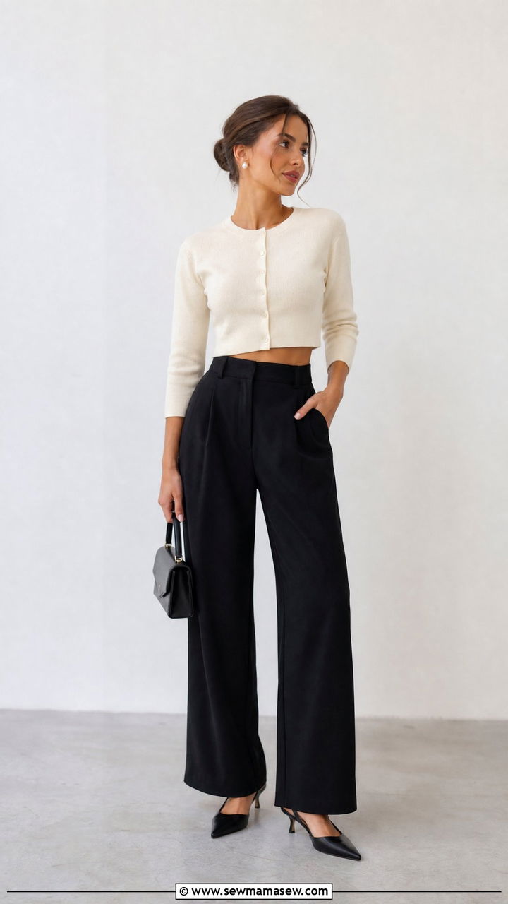 Cropped Cardigan With High Waist Trousers - 30 Summer outfits with light sweaters