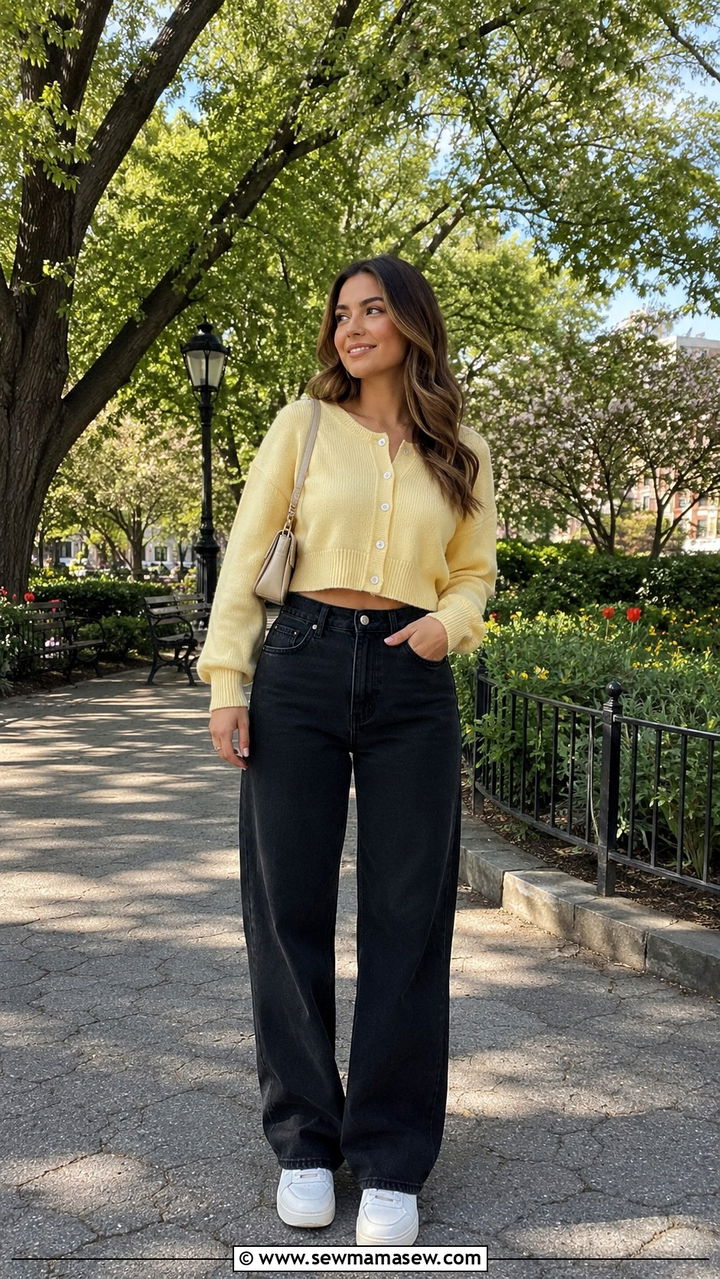 Cropped Cardigan With High Waisted Black Jeans - 25 Black jeans outfit ideas with a cardigan