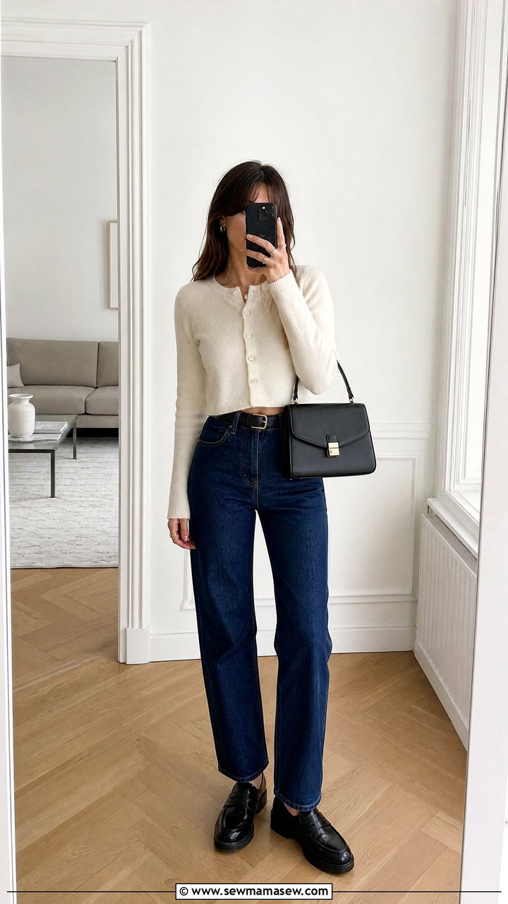 Cropped Cardigan With High Waisted Jeans - 25 French girl outfit ideas casual