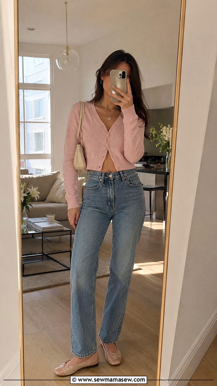 Cropped Cardigan With High Waisted Jeans - 30 spring trendy outfit ideas