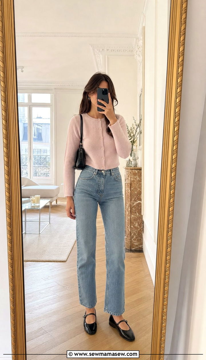 Cropped Cardigan With High Waisted Jeans And Mary Janes - 25 Spring week in Paris outfits