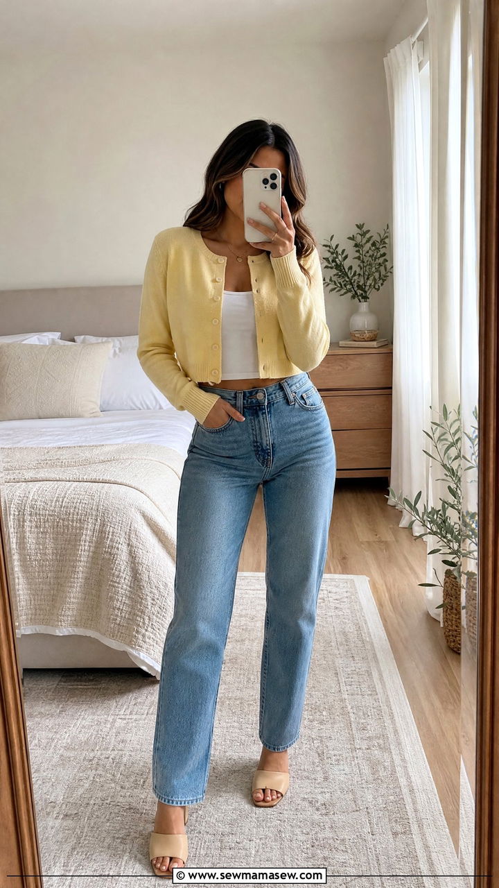 Cropped Cardigan With High Waisted Jeans And Mules - 30 First warm day outfits