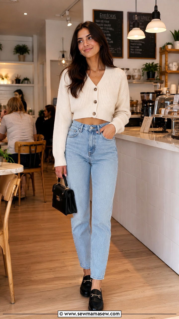 Cropped Cardigan With High Waisted Mom Jeans Outfit - 30 Indie outfit ideas