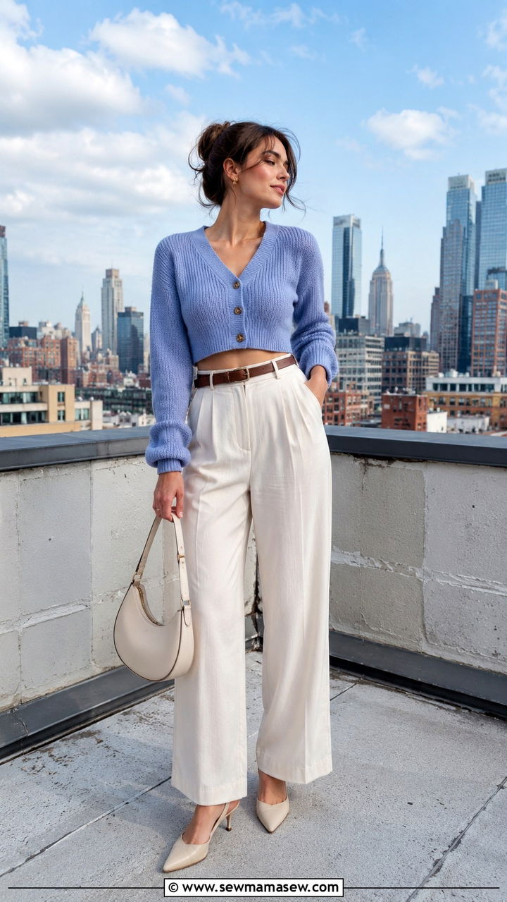 Cropped Cardigan With High Waisted Trousers And Heels - 30 spring vintage outfit ideas