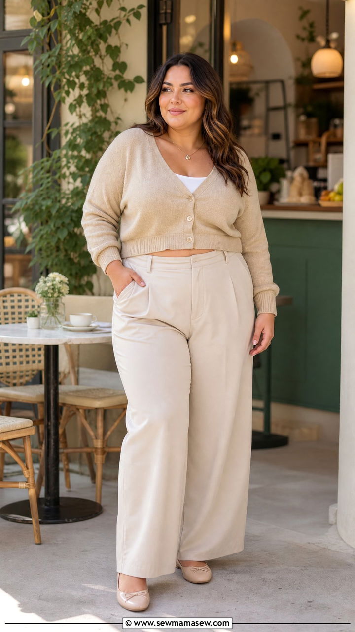 Cropped Cardigan With High Waisted Trousers Outfit - 30 Cute outfits for curvy women