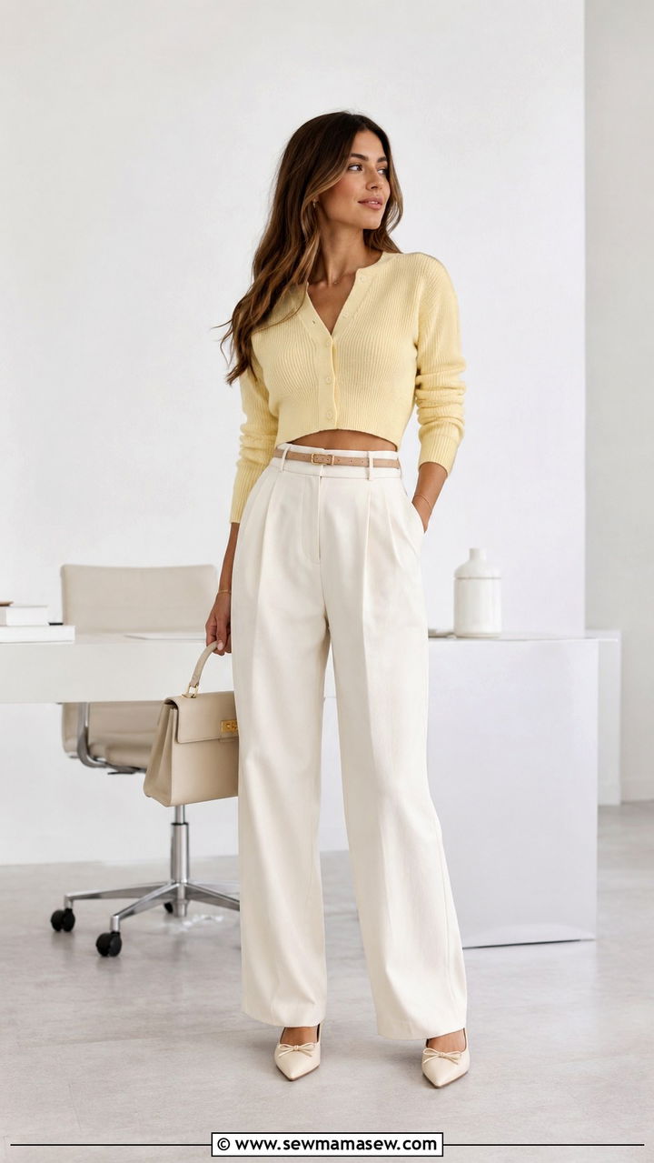 Cropped Cardigan With High Waisted Trousers Spring Outfit - 20 Spring outfits for skinny women