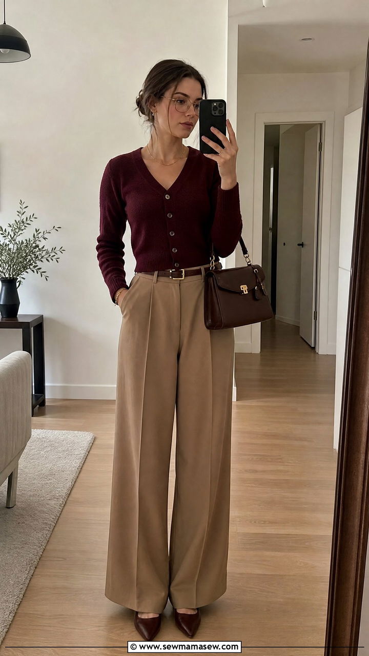 Cropped Cardigan With High Waisted Wide Leg Pants - 25 classy librarian core outfits