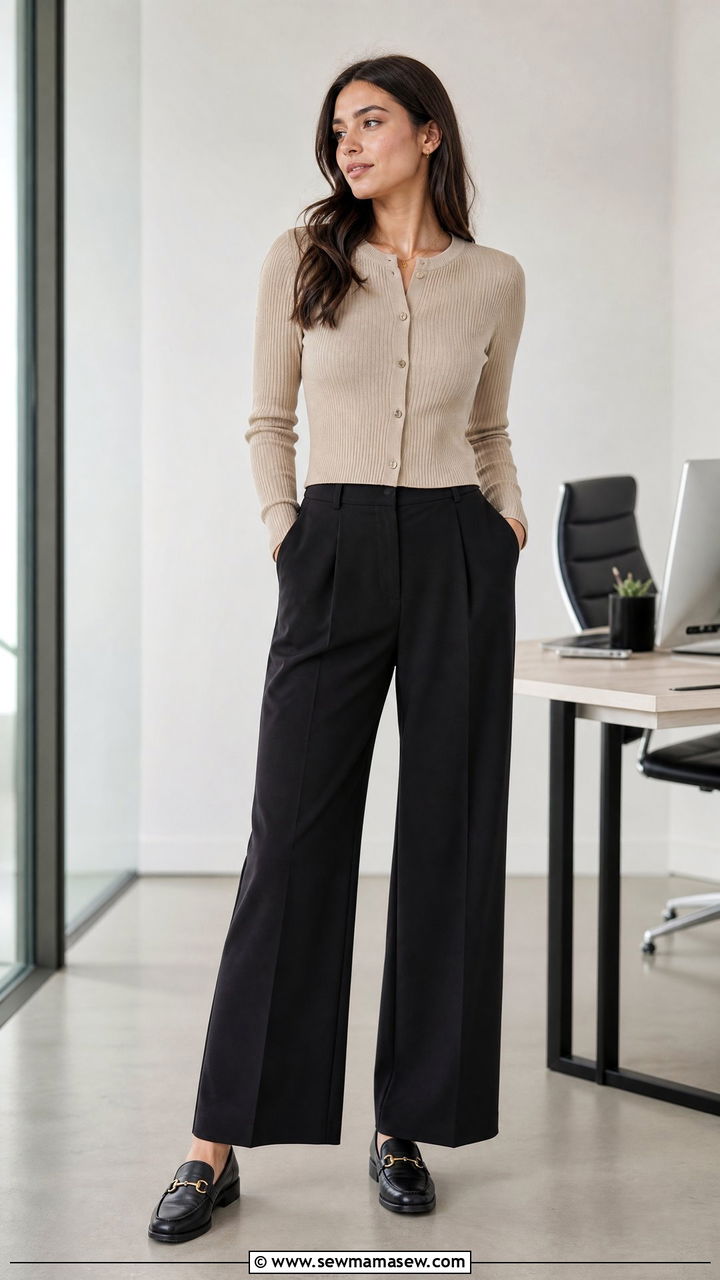 Cropped Cardigan With High Waisted Wide Leg Pants - 25 Business casual outfits with cardigan