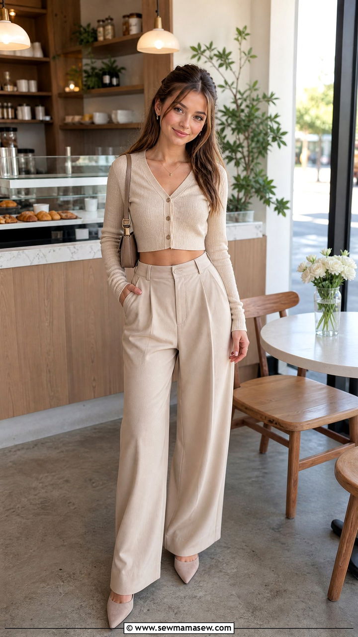 Cropped Cardigan With High Waisted Wide Leg Trousers - 25 Petite outfit ideas for teens