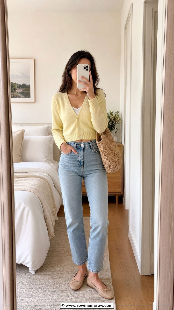 Cropped Cardigan With Mom Jeans And Ballet Flats - 25 Spring outfits with mom jeans