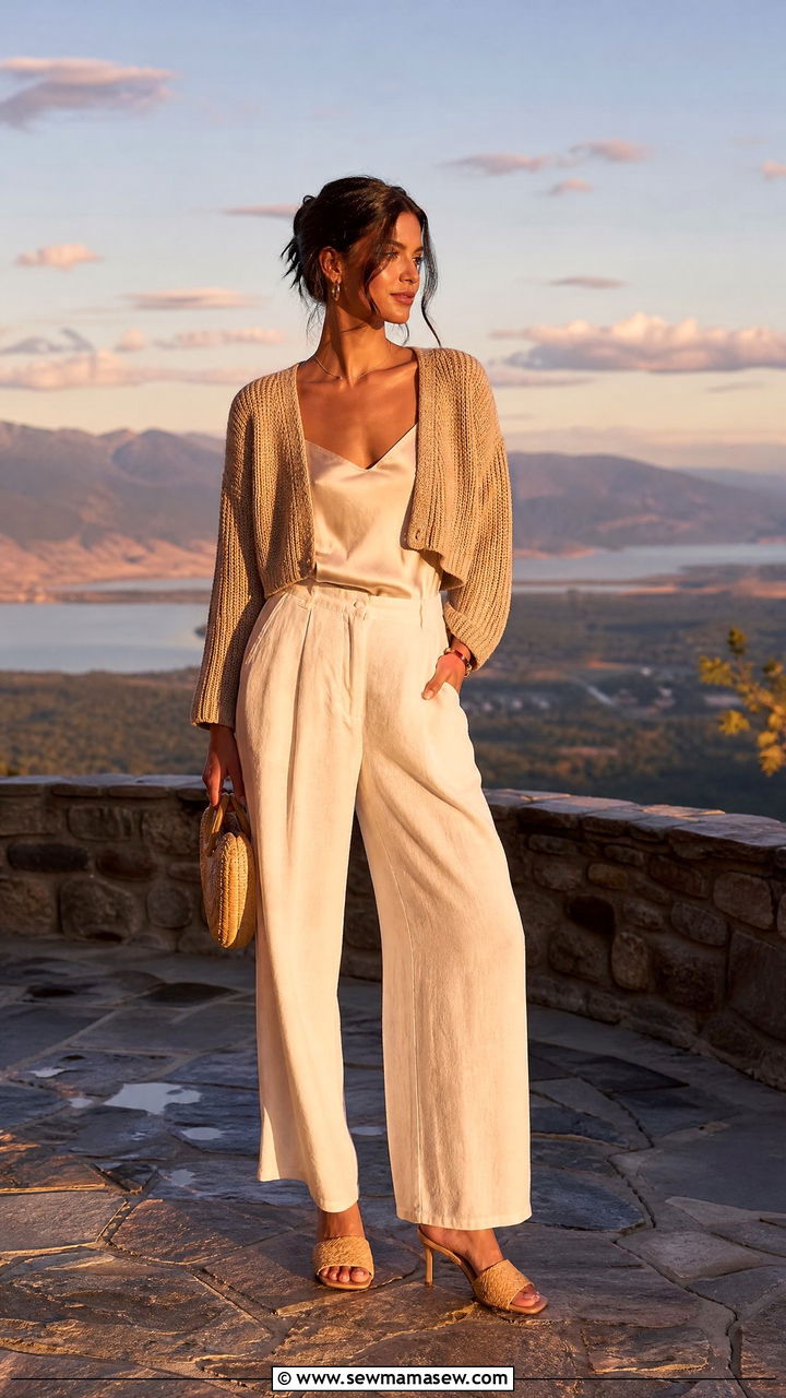 Cropped Cardigan With Silk Camisole And Wide Leg Pants - 30 Summer cabin weekend outfits