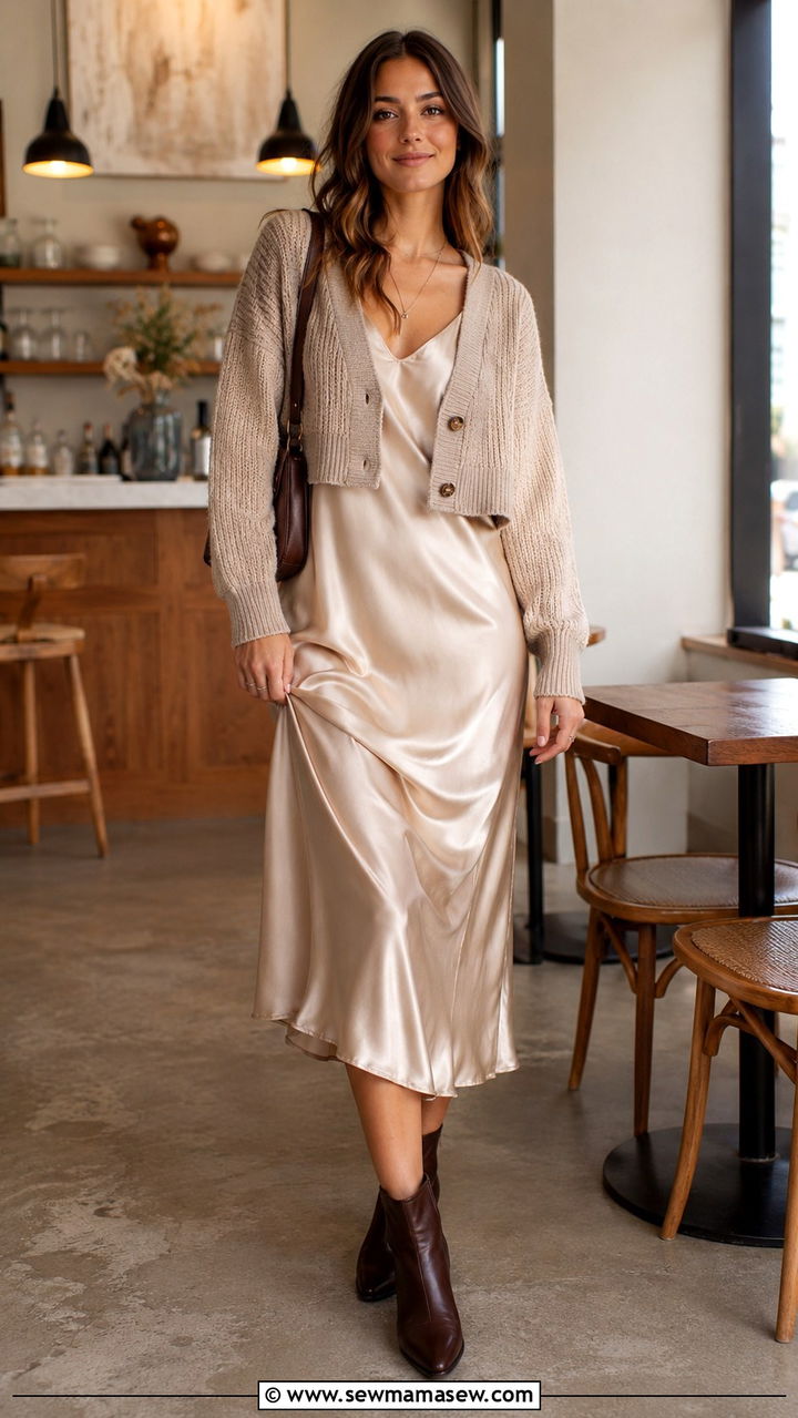 Cropped Cardigan With Slip Dress And Ankle Boots - 30 Mild weather outfit ideas